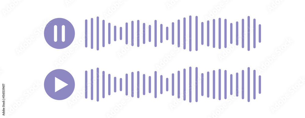 Poster sound wave icons with play and pause symbols – minimal audio waveform, voice message waveform vector
