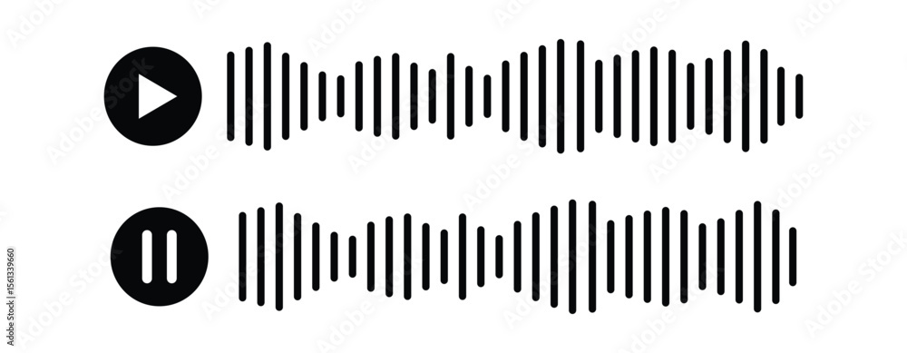 Poster sound wave icons with play and pause symbols – minimal audio waveform, voice message waveform vector