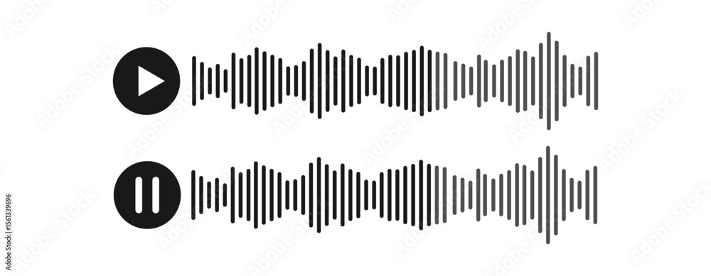 Poster sound wave icons with play and pause symbols – minimal audio waveform, voice message waveform vector