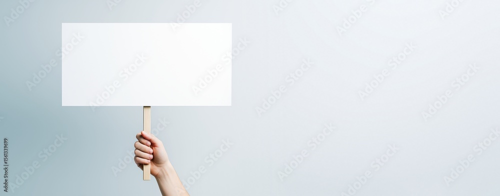 Poster hand holding blank placard sign against light background with copy space for message or design templ