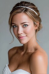 an attractive woman in her early thirties, wearing a white strapless dress and a pearl headband hair ornament, with a neutral expression and makeup