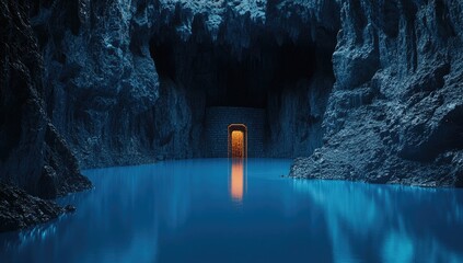Dark cave interior with a reflective orange doorway