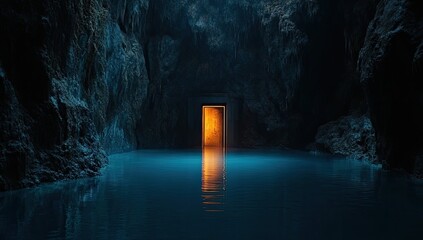 Dark cave, glowing orange door, still water