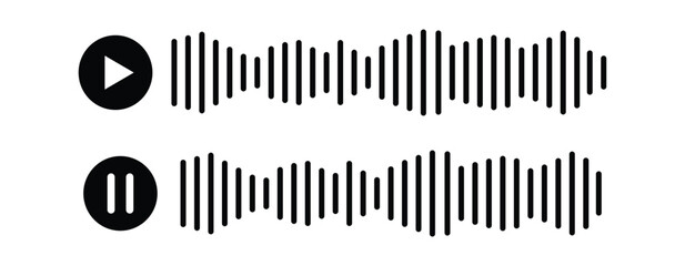 Sound Wave Icons with Play and Pause Symbols – Minimal Audio Waveform, voice message waveform Vector for Music, Voice, and Media Interface.