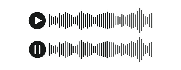 Sound Wave Icons with Play and Pause Symbols – Minimal Audio Waveform, voice message waveform Vector for Music, Voice, and Media Interface.
