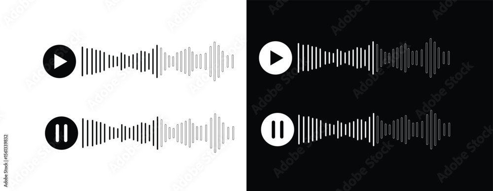 Poster audio waveform icon set with play and pause buttons – sound bar vector illustration for music and po