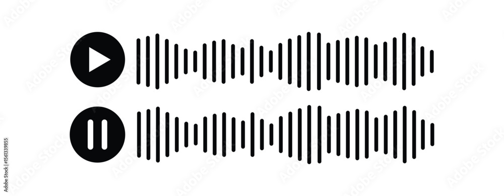 Poster audio waveform icon set with play and pause buttons – sound bar vector illustration for music and po