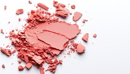 Crushed coral-toned blush powder scattered on a white surface