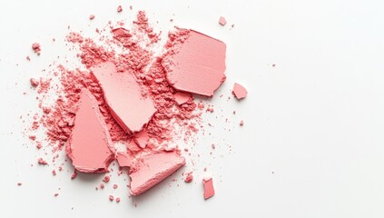 Crushed, pale-pink cosmetic powder scattered on white background
