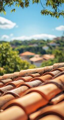 Terracotta roof tiles, close-up view, with a blurred background of a village and trees under a bright sky