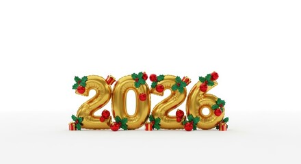 Obraz premium Golden balloon numbers forming the year 2026 adorned with holly red baubles and small gift boxes