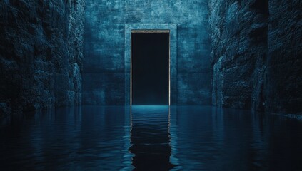 Dark, flooded tunnel with a black door