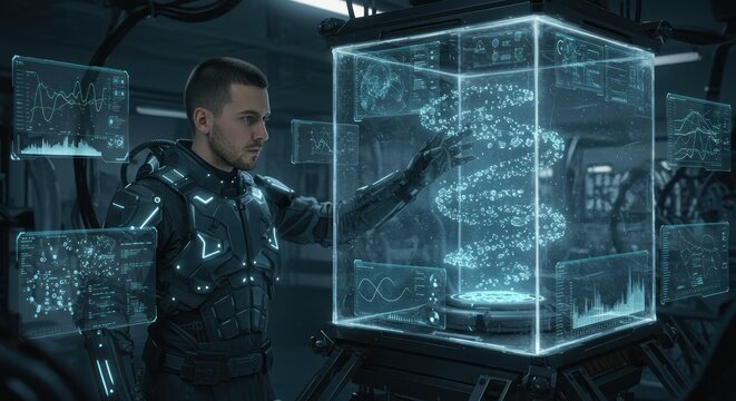 Futuristic Researcher Examining Holographic DNA Data Analysis and Scientific Advancement