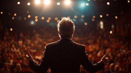 Professional woman delivering a speech at a business conference, conveying leadership and confidence.