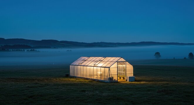 Illuminated greenhouse in rural landscape at night with misty background scene creates a magical