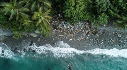 Fototapeta premium Aerial view of a polluted beach. Lush tropical vegetation meets a dark gray sandy beach littered with plastic waste, washing towards the ocean's edge
