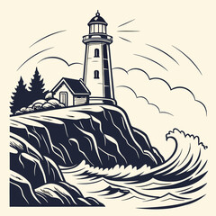 Vintage lighthouse on a rocky cliff overlooking a stormy sea with crashing waves