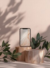 A smartphone rests on two wooden podiums, surrounded by foliage, bathed in soft light