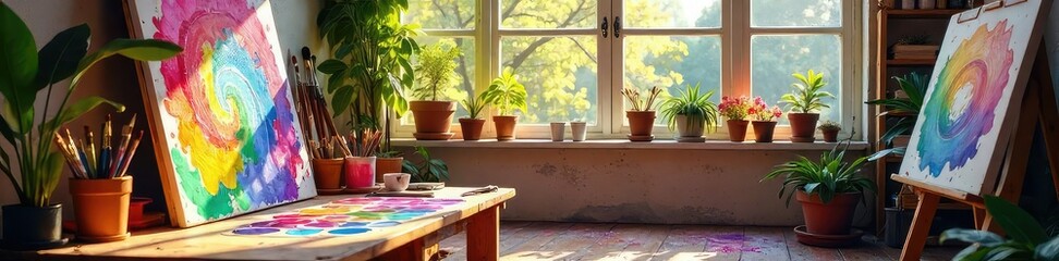Fototapeta premium Sunlit Artist Studio Vibrant Paints, Brushes, and Canvases Ready for Creative Inspiration