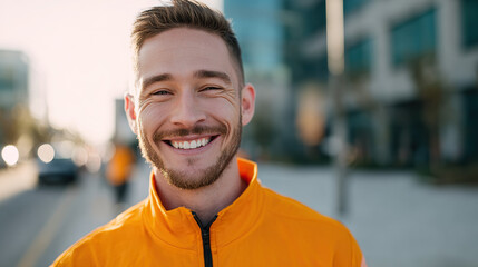 Smiling delivery professional in orange, exuding warmth and approachability, embodying reliable service with a personal touch.