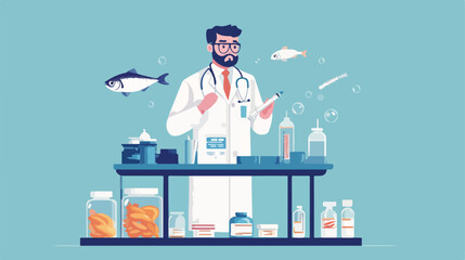 Professional Doctor Holding Medicine and Administering Injection to Canned Fish