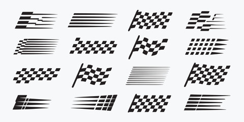 A Variety of Black and White Checkered Racing Flags and Speed Lines Representing Motion and Competition in Motorsports