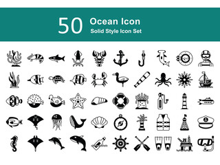Naklejka premium Marine Solid Icons – Sea Animals, Boats, Diving, and Nautical Elements. Ocean Illustration Set