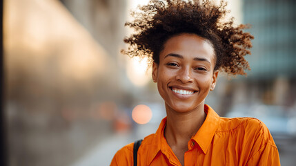 Smiling delivery professional in orange, exuding warmth and approachability, embodying reliable service with a personal touch.