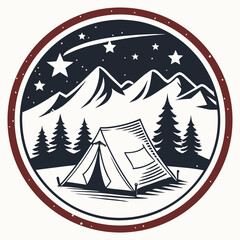 Tent camping under starry night sky with mountains and pine trees