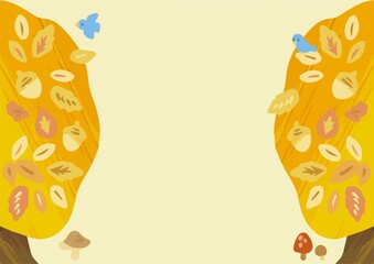 フレーム　秋　動物　鳥　木　森　葉　紅葉　水彩　手描き　かわいい　背景　壁紙　イラスト素材