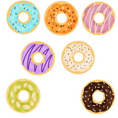 A colorful illustration of seven assorted-colored donuts, each with a different icing and topping, including sprinkles, chocolate, nuts, and frosting swirls.