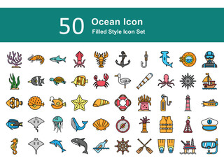 Marine Filled Icons – Sea Animals, Boats, Diving, and Nautical Elements. Ocean Illustration Set © Fahrul