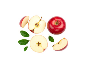Bright red apple with bright green leaves and delicate flowers, isolated on white