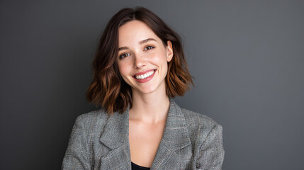 Obraz premium Happy young businesswoman smiling confidently in blazer, professional portrait. Success, ambition, and modern elegance in the workplace.