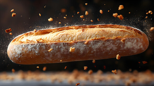 Ultra-realistic photograph of a crusty French baguette bread, perhaps slightly broken, with crumbs dynamically falling from it, frozen mid-air. Sharp focus on the bread's crusty texture  - Powered by Adobe