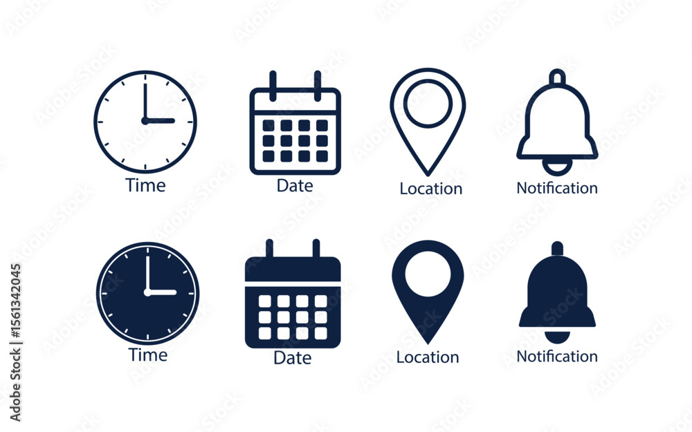 Poster date time and location icon set – calendar, clock, notification bell and map pin symbols for app ui 