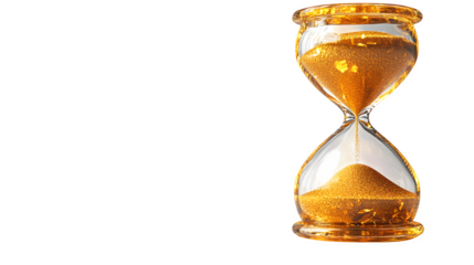 Ultra-realistic photograph of an hourglass with golden sand flowing from top to bottom chamber. Sharp focus on sand grains and glass. Clean studio lighting, perfect exposure capturing motion, 