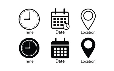 Time, date and address icon set. Calendar, clock, location, Place. Editable stroke. Linear outline Vector illustration.
