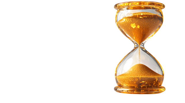 Ultra-realistic photograph of an hourglass with golden sand flowing from top to bottom chamber. Sharp focus on sand grains and glass. Clean studio lighting, perfect exposure capturing motion, 