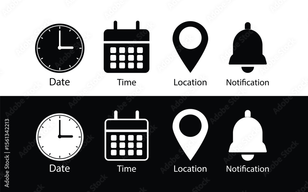 Poster date time and location icon set – calendar, clock, notification bell and map pin symbols for app ui 