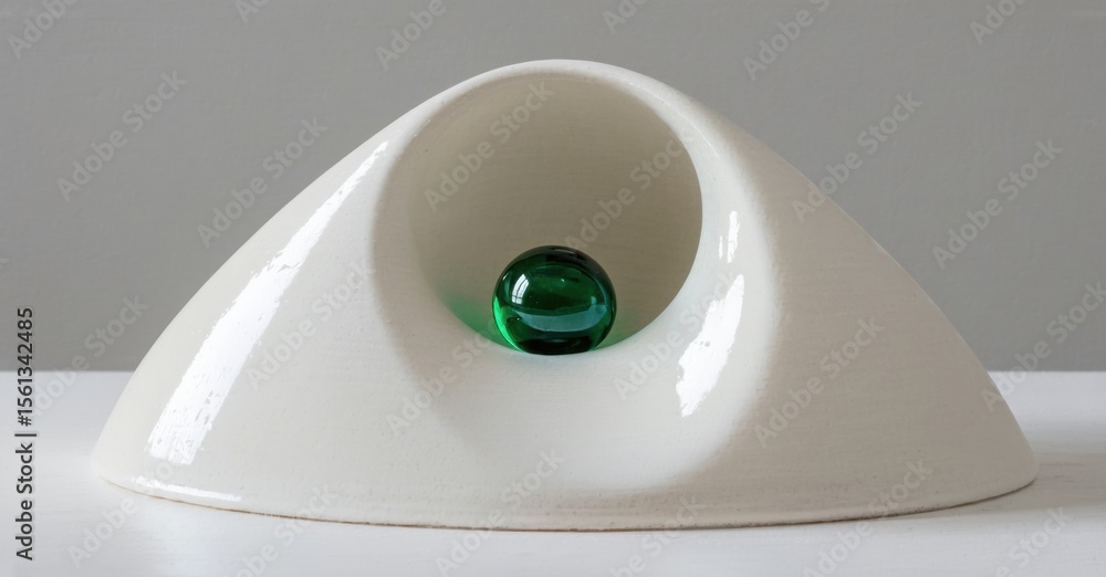 Poster white sculpture holds vibrant green sphere. smooth curves define form, creating minimalist aesthetic