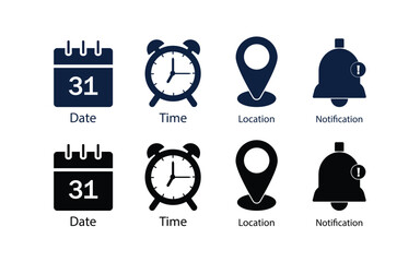 Minimal Date Time Location Icons – Flat Vector Set of Calendar, Clock, Map Marker and Bell Notification Symbols.
