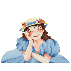 A charming illustration of a smiling girl in a light blue dress and a flower-decorated hat. She is resting her head on her hand, radiating joy and warmth with a cheerful expression and rosy cheeks.