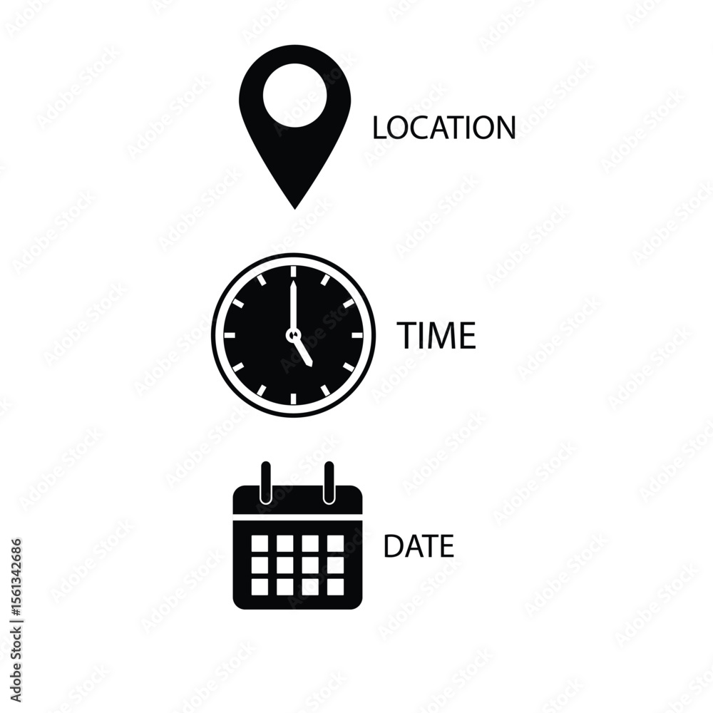 Poster minimal date time location icons – flat vector set of calendar, clock, map marker and bell notificat