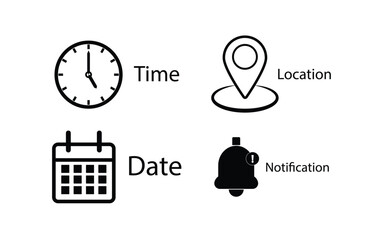 Time, date and address icon set. Calendar, clock, location, Place. Editable stroke. Linear outline Vector illustration.
