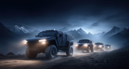 Dark SUV convoy on mountain path at night