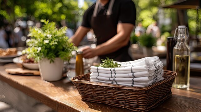 Outdoor cafe chef prepares food, napkins, herbs