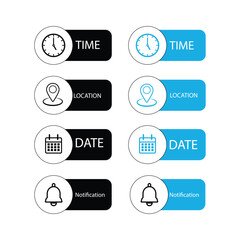Date, Time, Address or Place Location, hour line icons set, editable stroke isolated on white, linear vector outline illustration, symbol logo design style.

