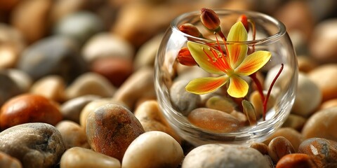 Flower in a glass vase on orange stones