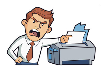 Angry Office Worker and Printer:Frustrated businessman yelling at malfunctioning printer.
